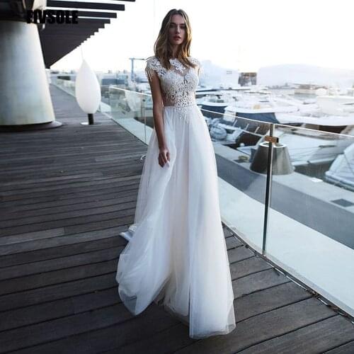 Fivsole Sexy Boho Beach Wedding Dress 2021 O Neck Cap Sleeves Pearls Appliques Vestido De Noiva See Through Back Bridal Gowns