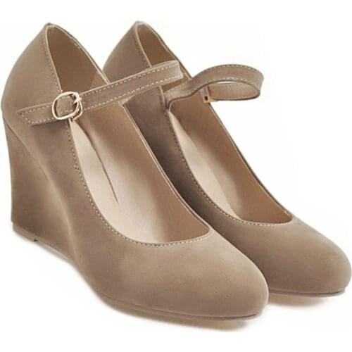 LIHUAMAO Slingback heel Women wedges ankle strap round toe mary jane shoes ladies high heel pumps party wedding dancing shoes