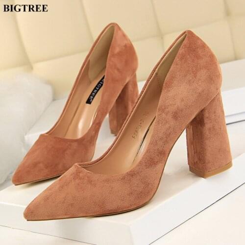 Concise Square Heels Office Shoe 2021 New Show Thin Shallow Women Pumps Fashion Solid Flock Pointed Toe High Heels Shoes Womens