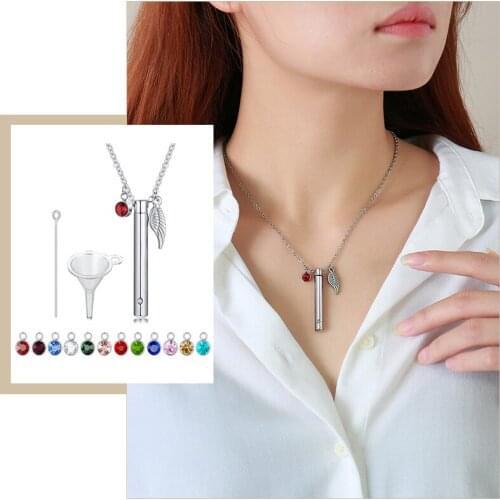 Urn Cremation Necklaces for Women,Stainless Steel Hollow Cylinder Pendant with 12 Birthstone Angel Wing,Ashes Keepsake Jewelry