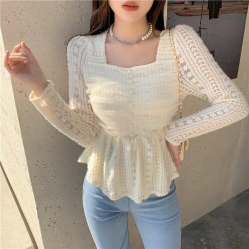 Women Hollowed Out Fold Square Neck Long Sleeve Short Tops Lady Solid Color Elegant Shirts Blouse Blusas Femininas Elegante