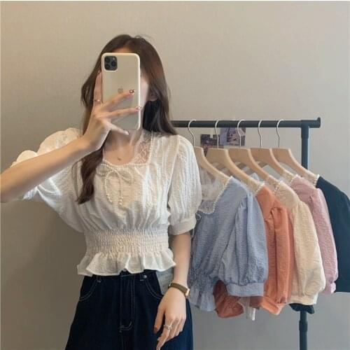 Blouse Women Lace Square Collar Pearl Bow Short-sleeved Blouse Women Summer New Style Korean Waist Slimming Blouse