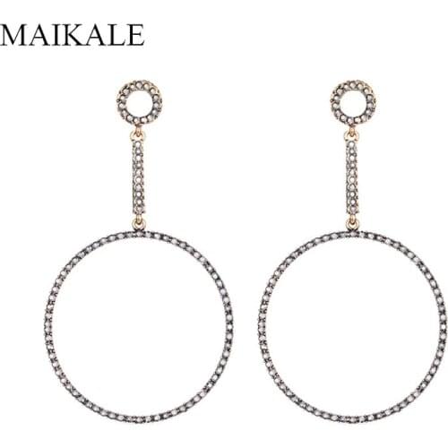 MAIKALE Exaggerated Big Round Circle Drop Earrings Inlay Black Rhinestone Long Dangle Earrings for Women Party Ethnic Jewelry