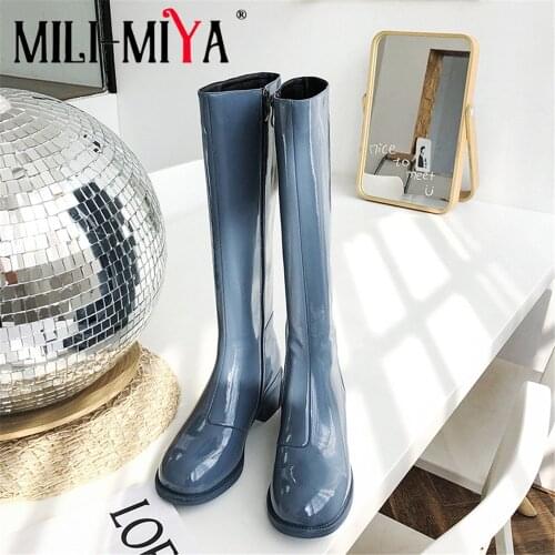MILI-MIYA New Arrival Women Patent Leather Knee-High Boots Zipper Solid Color Round Toe Square Heels Motorcycle Boots Size 34-42