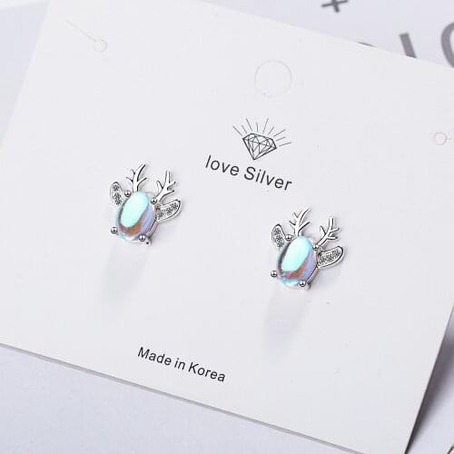925 Sterling Silver Opal Deer Animals Stud Earrings For Women Boucles Wedding Jewelry Girl Christmas Gifts Oorbellen eh1443