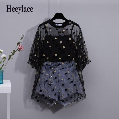 Korean Harajuku Outfits Summer Women 2 Pcs Set Star Sequined Black Mesh Puff Sleeve Top+ Vest +Blue Denim Shorts Two Pieces Sets