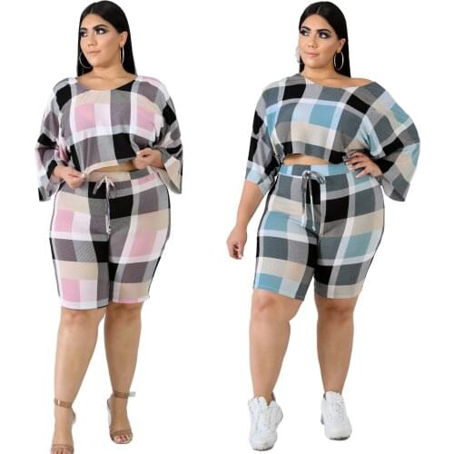 Fashion Women Plaid Printing Casual Two Piece Sets 2021 Spring Lady O-neck Half Sleeve Loose T-Shirts Lace-up Shorts Tracksuits