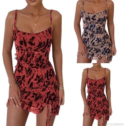 Women Sexy Spaghetti Strap Scoop Neck Mini Bodycon Cami Dress Vintage Leopard Print Ruched Drawstring Front Clubwear wholesales