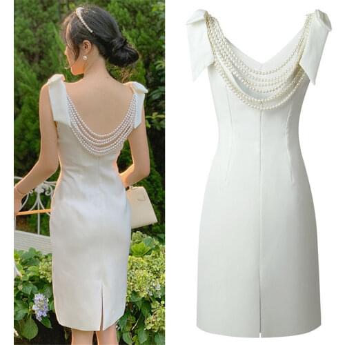 French style pearl beading backless dress women v-neck bow sleeveless wedding party dress