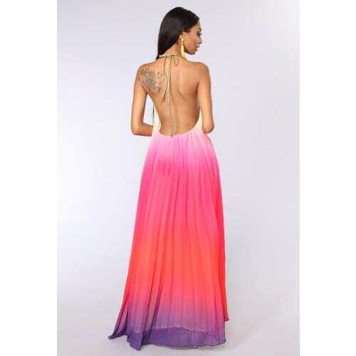 Elegant party chiffon rainbow floral print maxi dresses women sexy backless halter long summer vestidos boho beach robe
