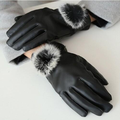 Winter Touch Screen Mitten Women Keep Warm PU leather Gloves Ladies Elegant Plush Wrist Mittens Ski Driving Cycling Female Glove