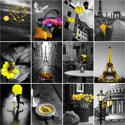 HUACAN 5D Diy Diamond Painting City Landscape Diamond Mosaic Black Yellow Cross Stitch Home Decoration Handcraft