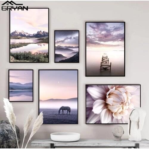 Purple Nordic Lake Mountain Sky Horse Sea Landscape Canvas Poster Blooming Flower Wall Art Print Painting Misty Morning Picture