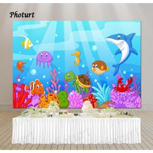 PHOTURT Underwater Fish Nemo Backdrop Kids 1st Birthday Background Coral Dolphin Blue Vinyl Photography Banner Decorate Props