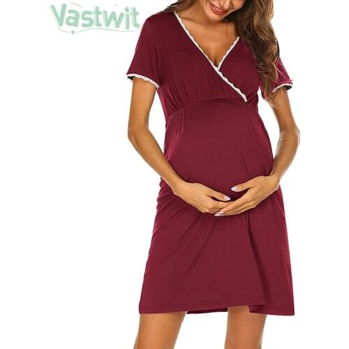Summer Maternity Robe Nightgown Pregnant Women Nursing Nightwear Pajamas Lace Trim Sleepwear Pregnancy Breastfeeding Nightdress