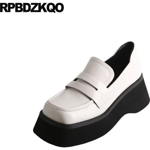 Thick Sole Patent Leather Elevator Muffin Beige Harajuku Loafers Women Wedge Slip On Plain Creepers Platform Shoes Square Toe