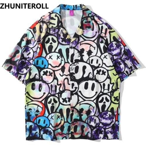 Multi-Smile Face Print Hawaiian Beach Shirts Hip Hop Button Shirt Mens Fashion Short Sleeve Teachwear Holiday Party Blouse Tops