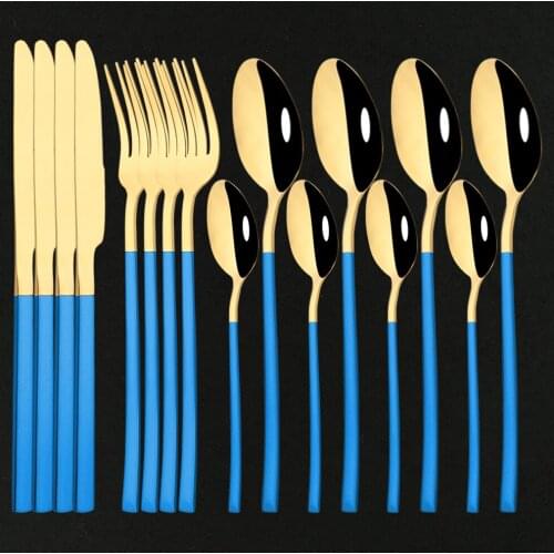 16Pcs Dinnerware Set Blue Gold Fork Tea Spoon Knife Flatware Cutlery Stainless Steel Western Silverware For Party Tableware Set