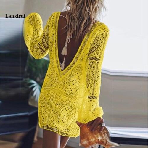 Autumn Women Casual Puff Long Sleeve Dress Elegant Hollow Out Backless Lace Mini Dress Sexy Beach Summer Party Dress