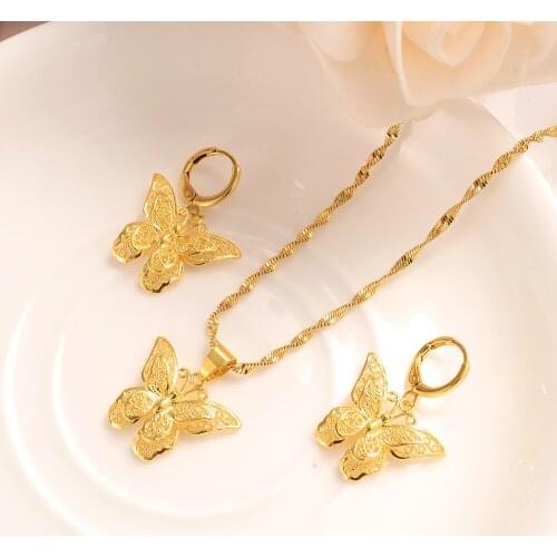 African vintage flower butterfly Pendant Necklace Gold Color Jewelry for Women wedding bridal party jewelry sets girls Gift