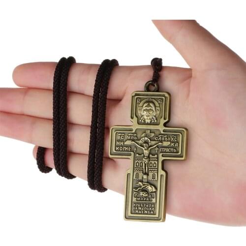 Russian Eastern Orthodox Jesus Cross Pendant Necklace Braided Rope Chain Necklace for Women Men Holy Prayer Jewelry Gift