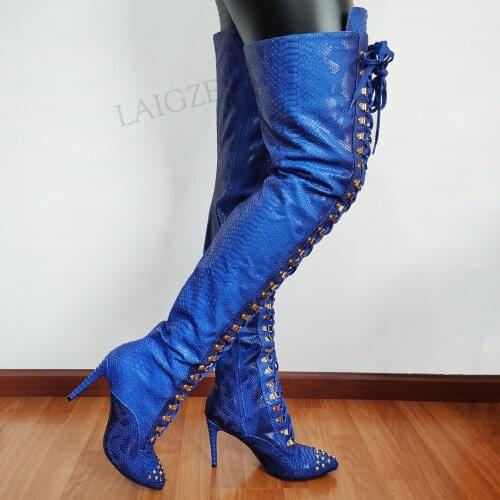 LAIGZEM Women Thigh High Boots Lace Up Side Zip High Heels Rivets Over Knee Boots Female 2021 Shoes Woman Big Size 39 42 44 47