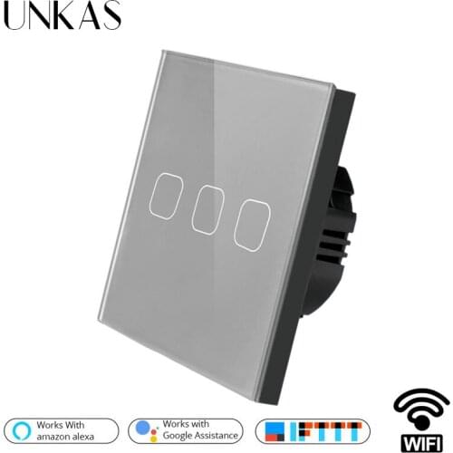 UNKAS Gray Luxury Crystal Glass ewelink Smart Home 3 Gang 1 way Wireless WiFi EU Standard Touch Switch Wall Light Switch