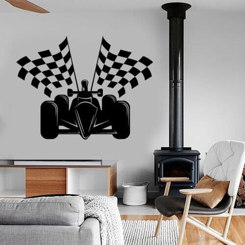 Superkart Wall Decal Checkered Flag Formula Karting Vinyl Wall Stickers for Kids Boy Bedroom Playroom Amazing Kart Car S590