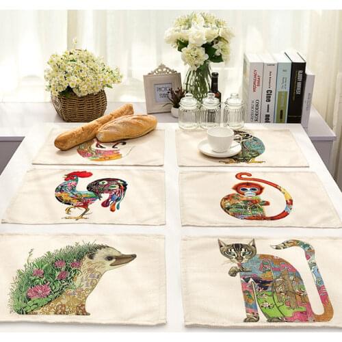 Patterned Animal Chinese Rustic Placemats Restaurant Banquet Cotton Linen Tableware Mat Coffee Coaster Heat Insulation Non-Slip