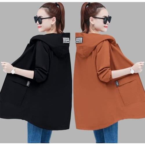Spring Female Windbreaker New Hooded Mid-length Short Jacket Outerwear Autumn Casual Tops Womens Basic Coats Plus Size 6XL