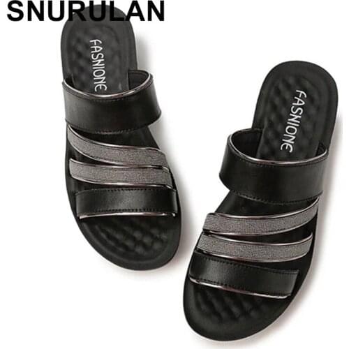 SNURULAN Shoes Woman Summer Sandals Women Leather Flat Comfortable Footwear Beach Slippers Womens Wedge Low Heels Shoes mother