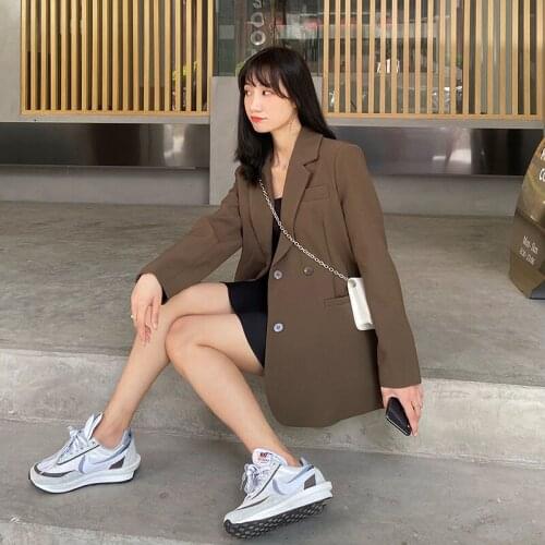 2021 Women Solid Black Brown Loose Blazer Casual All-match Single Breasted Back Split Fashion Korean Style Student Outwear Chic