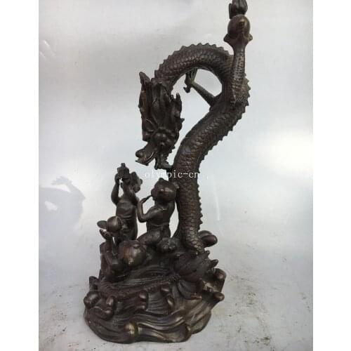12'' Bronze copper carved three boys child and auspicious beast Dragon play ball