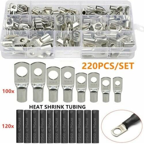 220pcs/set Boxed Electrical Tinned Copper Cable Lugs Ring Terminals Car Battery Wire Lug Bare Connectors Automotive Kits