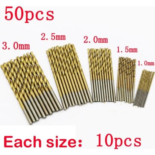 50PCS Woodworking Drill Bits Set 1.0-3.0mm Titanium HSS Coated Stainless Steel HSS High Speed Steel Electrical Drill Tools Kit