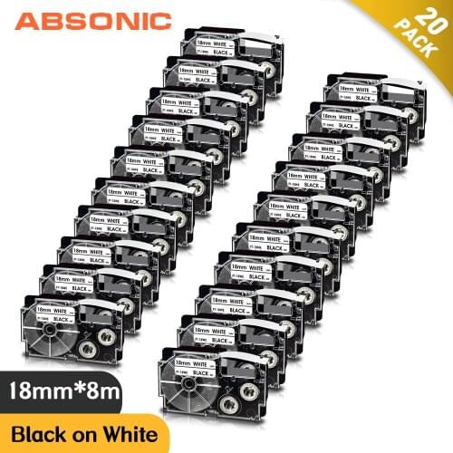 Absonic 20PK 18mm*8m XR-18WE Labeling Tape Replace Casio Labels XR18WE Black on White for Casio Label Maker KL-7000 8200 KL-120