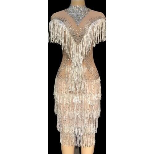 Sparkly Rhinestone Crystal Tassel Dress Women Birthday Celebrate See Through Mesh Party Dresses Fringes Costume Dance Dress
