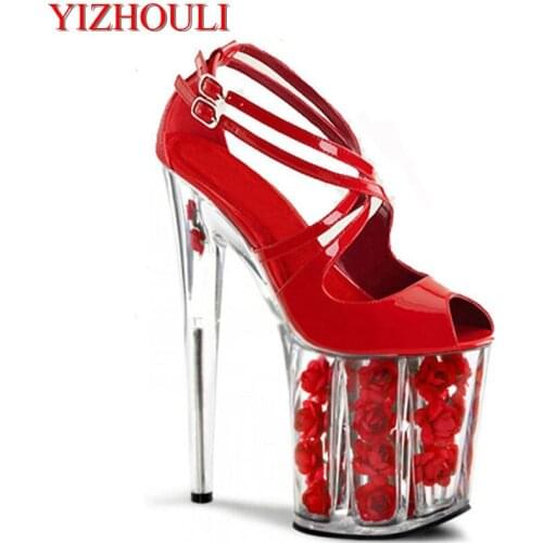 20cm red flower wedding shoes women motorcycle high heel shoes 8" fashionable dress high heels pole dancing sandals platform