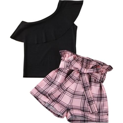 2-7Y Toddler Baby Girls Clothes Sets One Shoulder Ruffles T Shirts Tops Plaid Print Bow Shorts 2pcs
