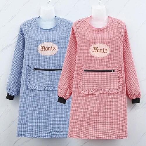 Household Women Long Sleeve Oil Proof Cotton Home Kitchen Cooking Clean Apron Pocket Smock