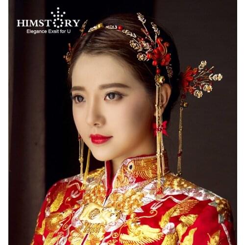 Himstory Chinese Traditional Gold Red Bridal Headdress Hair Jewelry Handmade Long Tassel Flower Headband Hair Pins Headwear