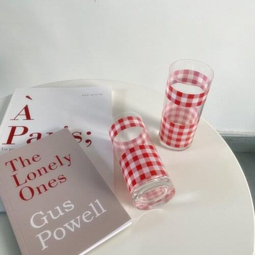 Ins wind printing checkered glass couple milk cup home drinking cup powder grid blue grid beverage cup water bottle
