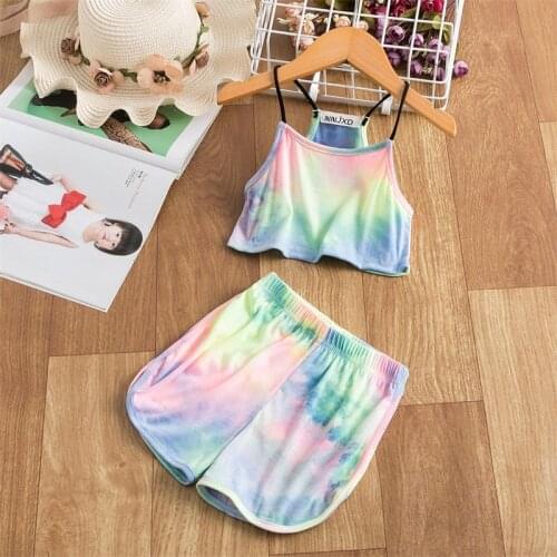Toddler Girls Sleeveless Clothes Set Sportwear Kids Tie Dye Printed Tracksuit Straps Tank Vest Top Short Pants Children Rainbow