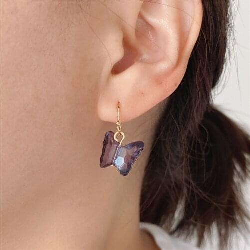 Lovely Sweet Gold Color Fish Hook with Light Pink Blue Yellow Green Coral Grey Butterfly Charm Earring For Women Girl Decoration