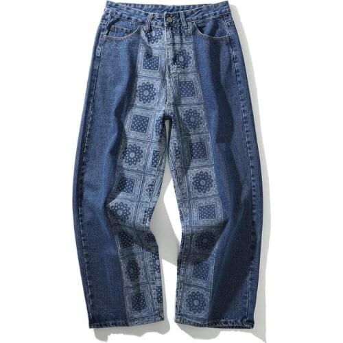 Fashion Hip Hop Blue Bandana Jeans for Men Urban Boys Streetwear Wide Leg Black Bandana Jeans Denim Pants Plus Size