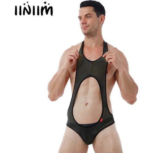 Men Hollow Out Swimsuit Sleeveless Bodysuit See-through Mesh Fitness Wrestling Singlet Leotard Sexy Bulge Pouch Skinny Jumpsuit