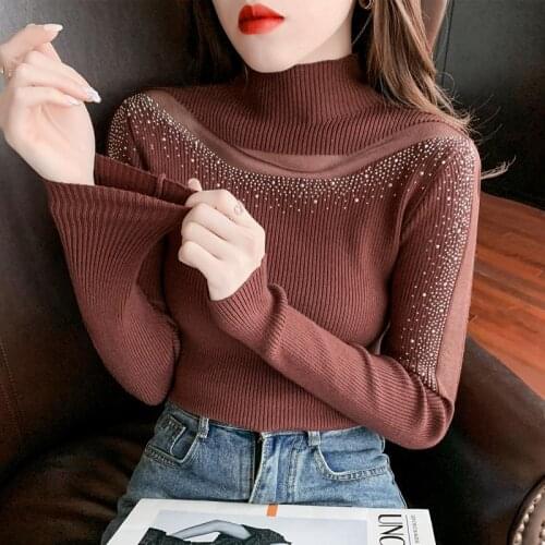 Autumn New Half A Turtleneck Sexy Hot Drills The Net Yarn Hollow-Out Sweater Female Long-Sleeved Sweater Base Coat Of Cultivate