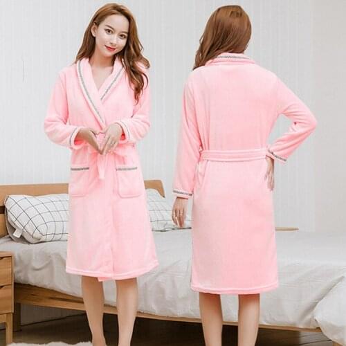 New Pink Women Winter Coral Fleece Kimono Gown Home Robe Thick Warm Lounge Nightwear Cute Couple Lovers Sleepwear Men Nightgown
