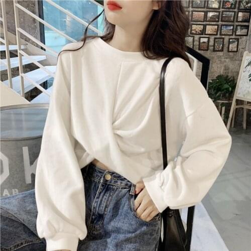 2021 Autumn Clothes Women Hoodies Solid Knot Simple Crop-tops Pullover Casual Stylish Chic Loose O-neck Long Sleeve Sweatshirts
