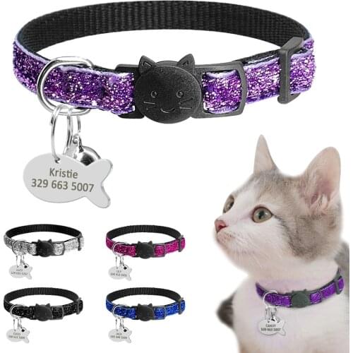 Personalized Quick Release Kitten Cat ID Collar Bling Sequins Puppy Dog Collars Engraved Tag Set With Bell For Small Dogs Cats